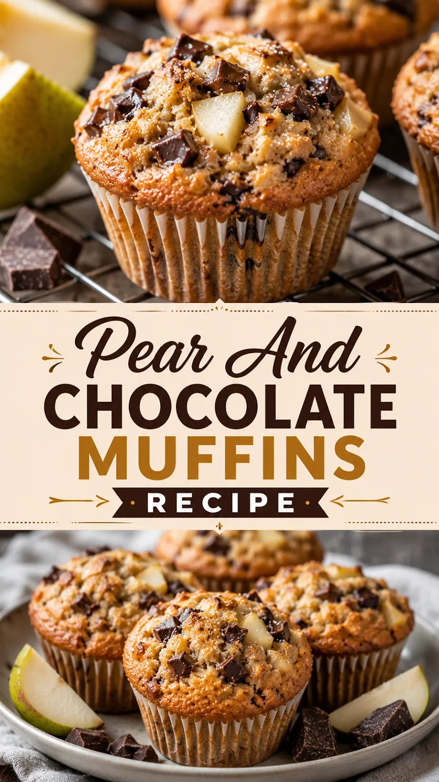 Pinterest image for Pear And Chocolate Muffins Recipe, with two photos of the recipe