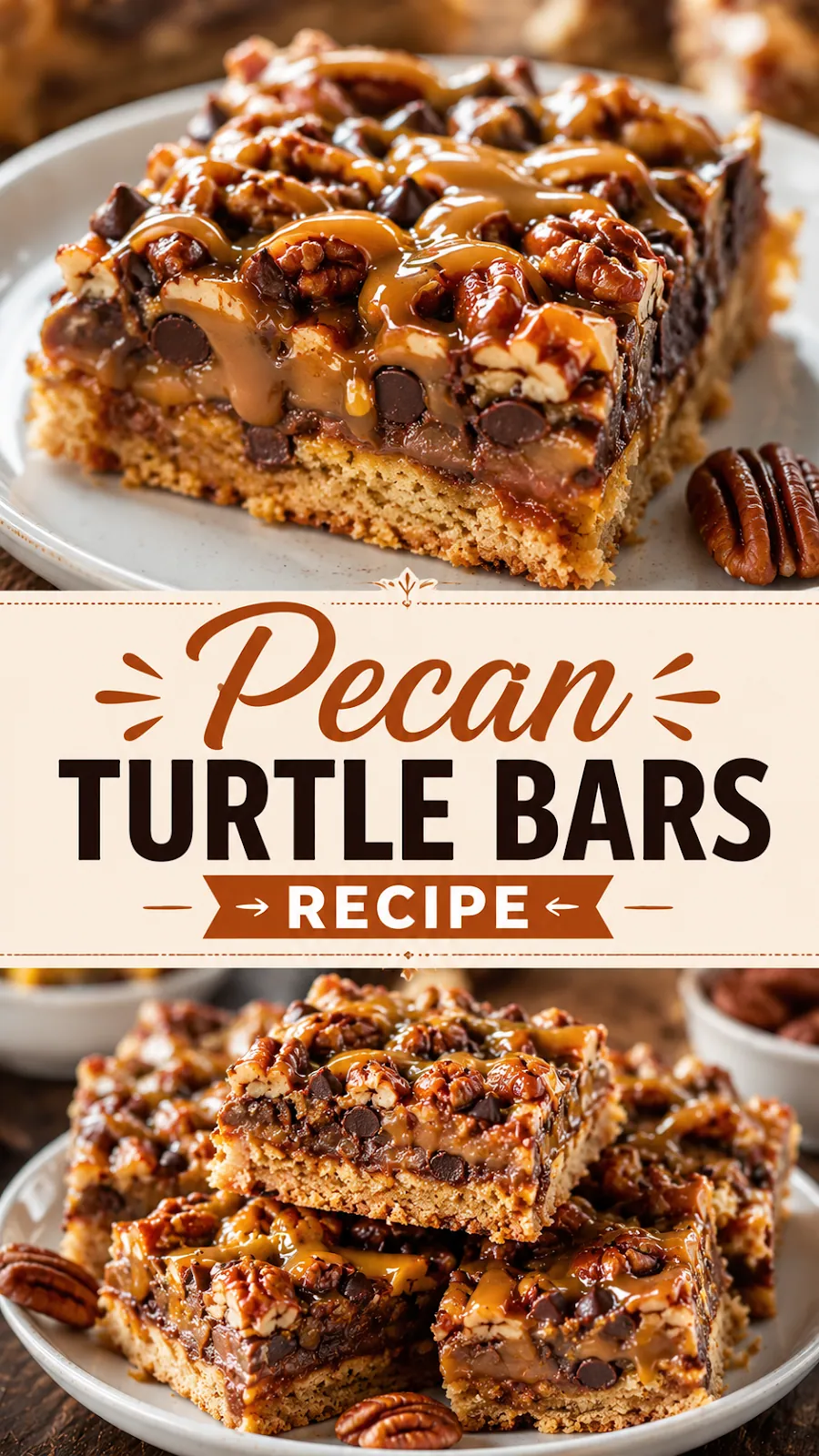 Pinterest image for Pecan Turtle Bars Recipe, with two photos of the recipe