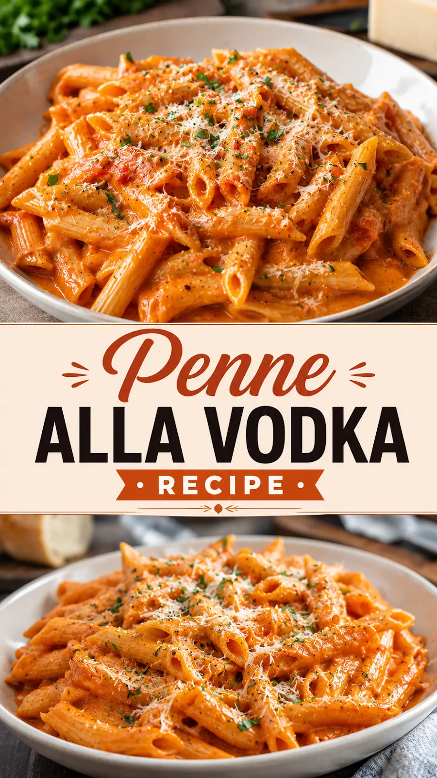 Pinterest image for Penne Alla Vodka Recipe, with two photos of the recipe