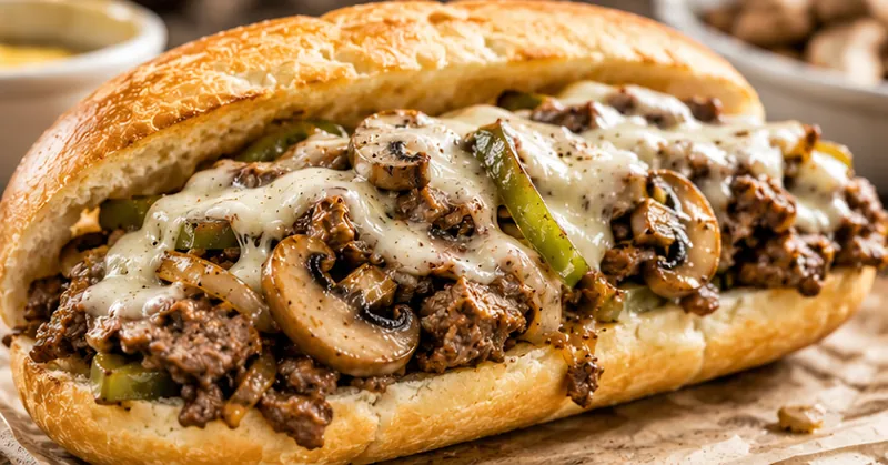 Philly Cheese Steak Sandwich with Mushrooms, ready to serve