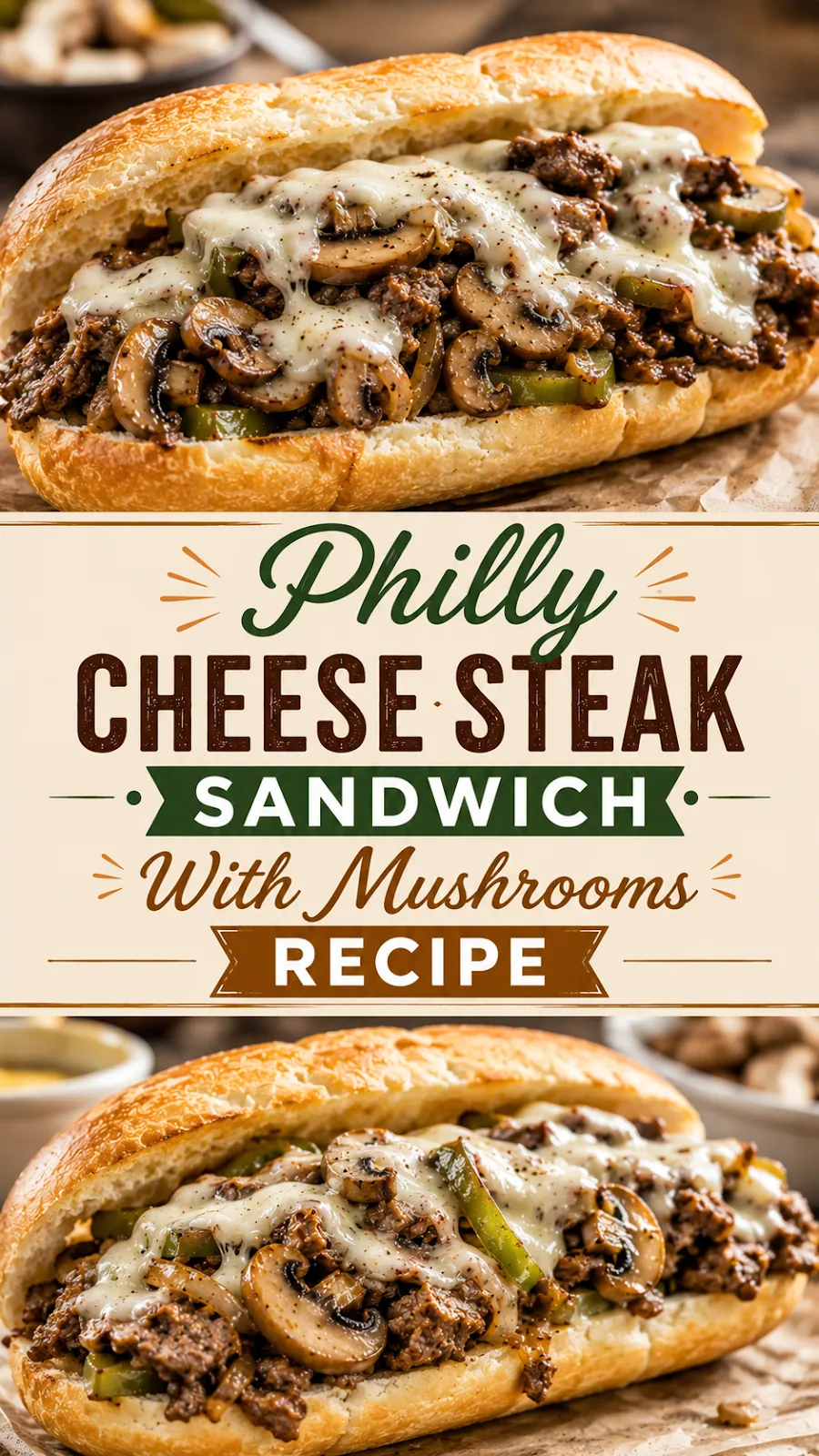 Pinterest image for Philly Cheese Steak Sandwich With Mushrooms Recipe, with two photos of the recipe