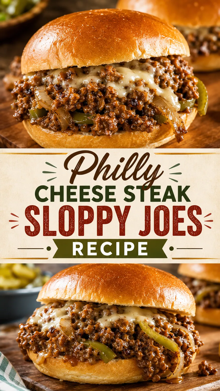 Pinterest image for Philly Cheese Steak Sloppy Joes Recipe, with two photos of the recipe