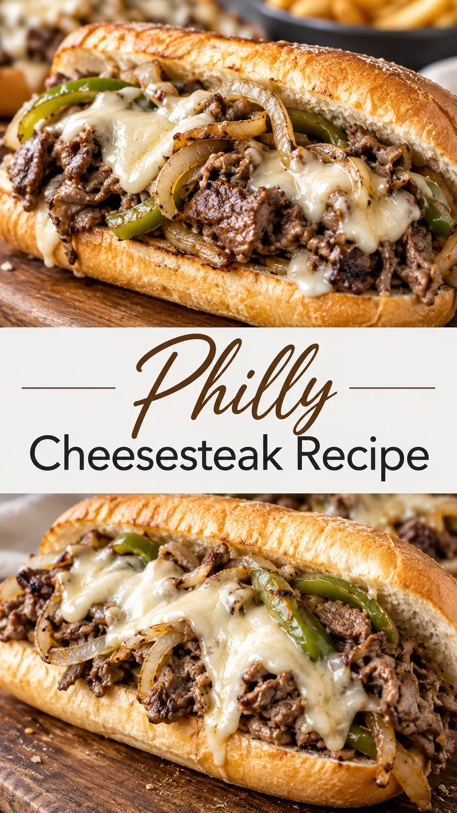 Pinterest image for Philly Cheesesteak Recipe, with two photos of the recipe