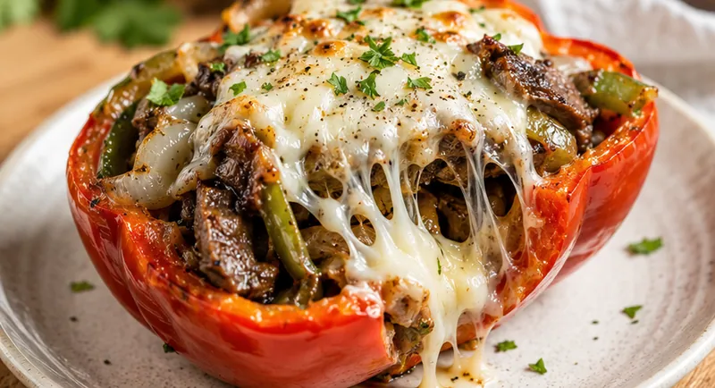 Philly Cheesesteak Stuffed Peppers, ready to serve