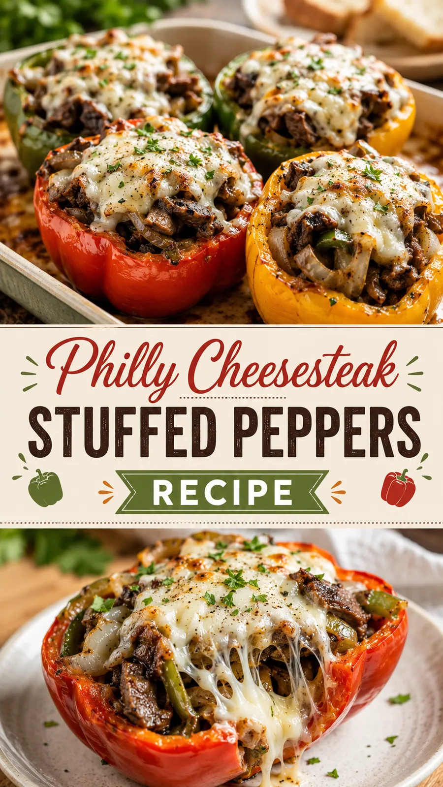 Pinterest image for Philly Cheesesteak Stuffed Peppers Recipe, with two photos of the recipe