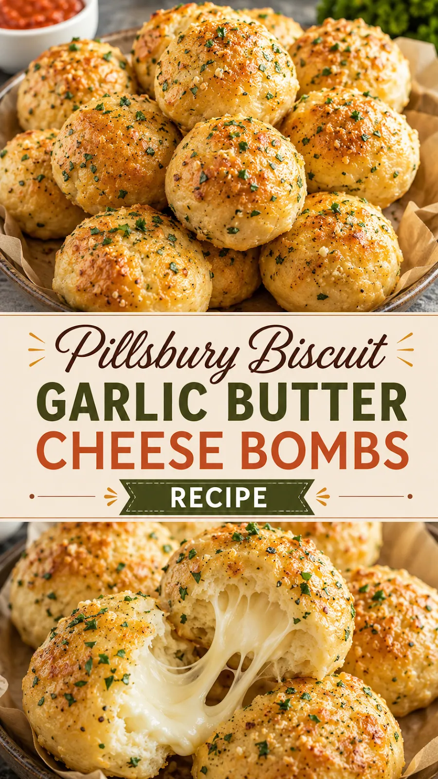 Pinterest image for Pillsbury Biscuit Garlic Butter Cheese Bombs Recipe, with two photos of the recipe