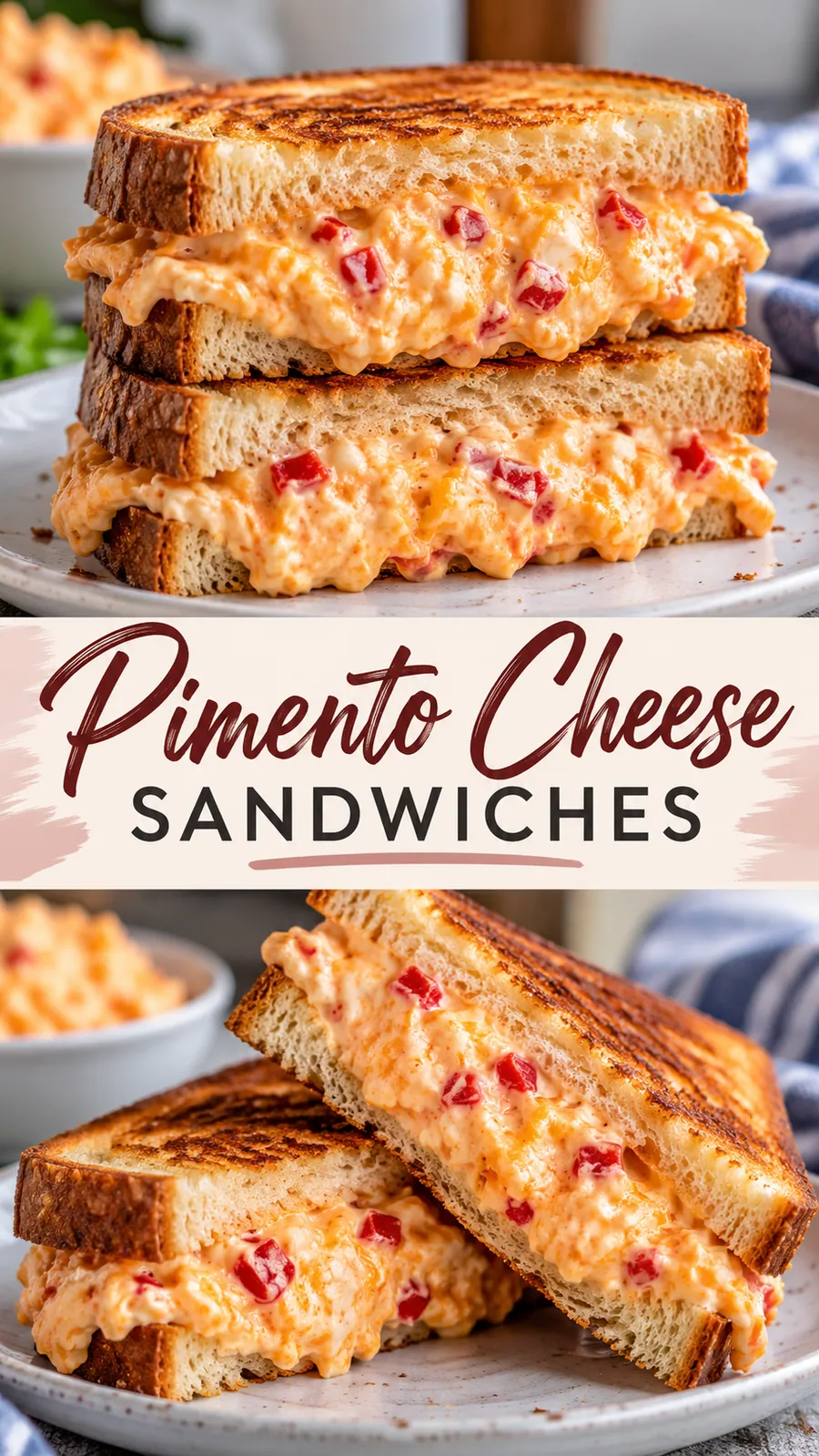 Pinterest image for Pimento Cheese Sandwiches, with two photos of the recipe