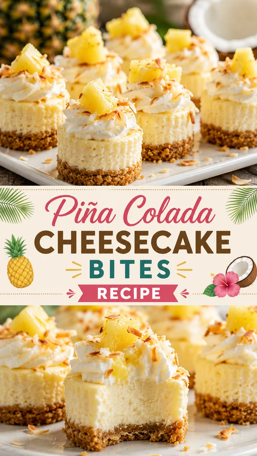 Pinterest image for Pina Colada Cheesecake Bites Recipe, with two photos of the recipe