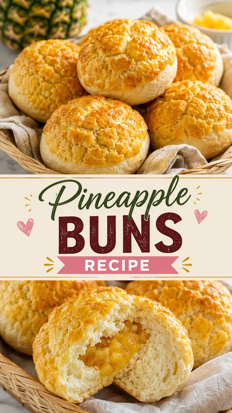Pinterest image for Pineapple Buns Recipe, with two photos of the recipe