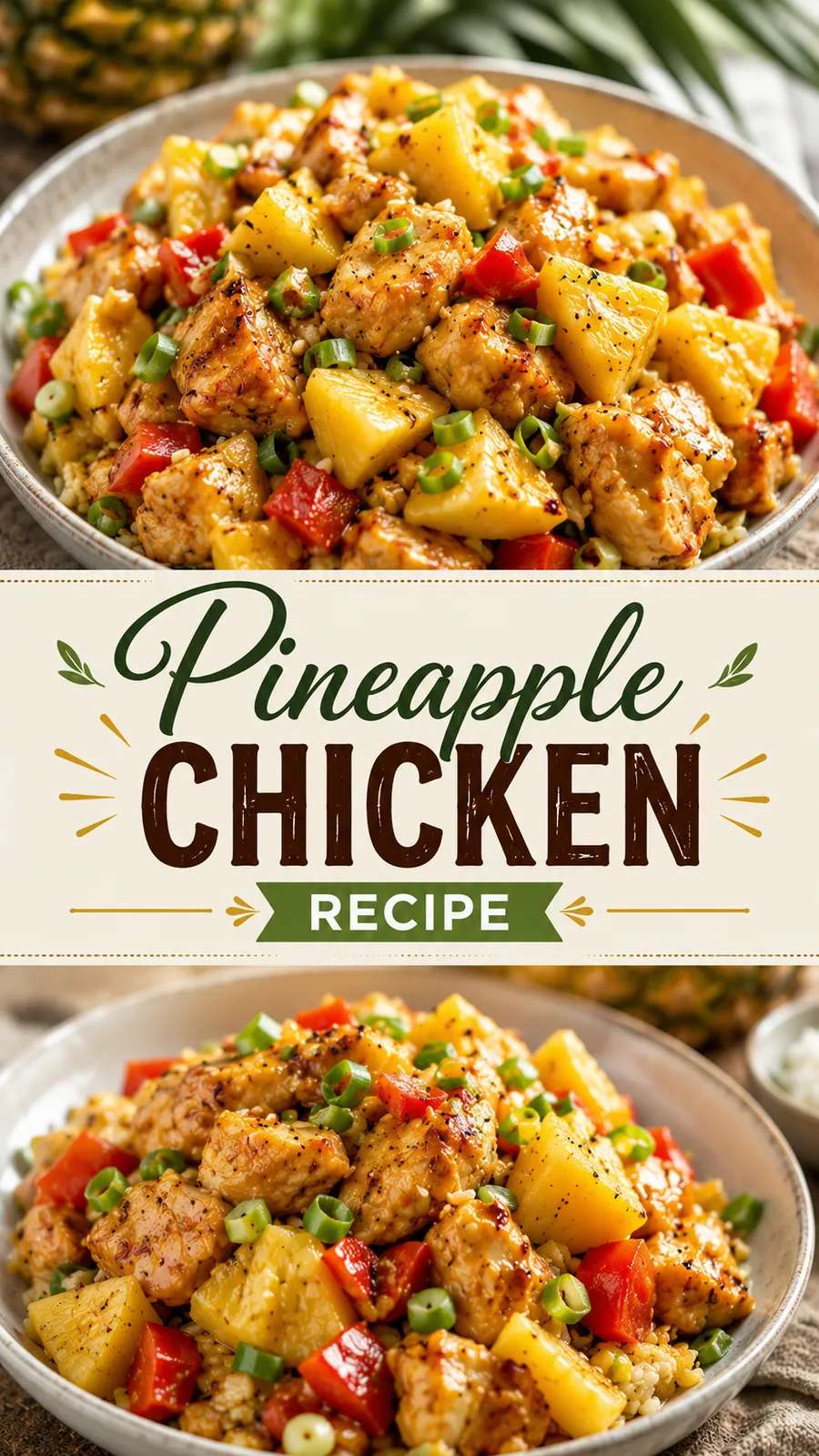 Pinterest image for Pineapple Chicken Recipe, with two photos of the recipe