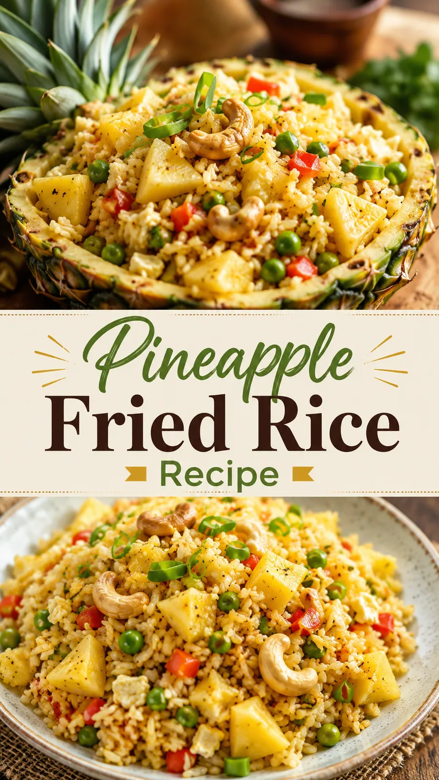Pinterest image for Pineapple Fried Rice Recipe, with two photos of the recipe