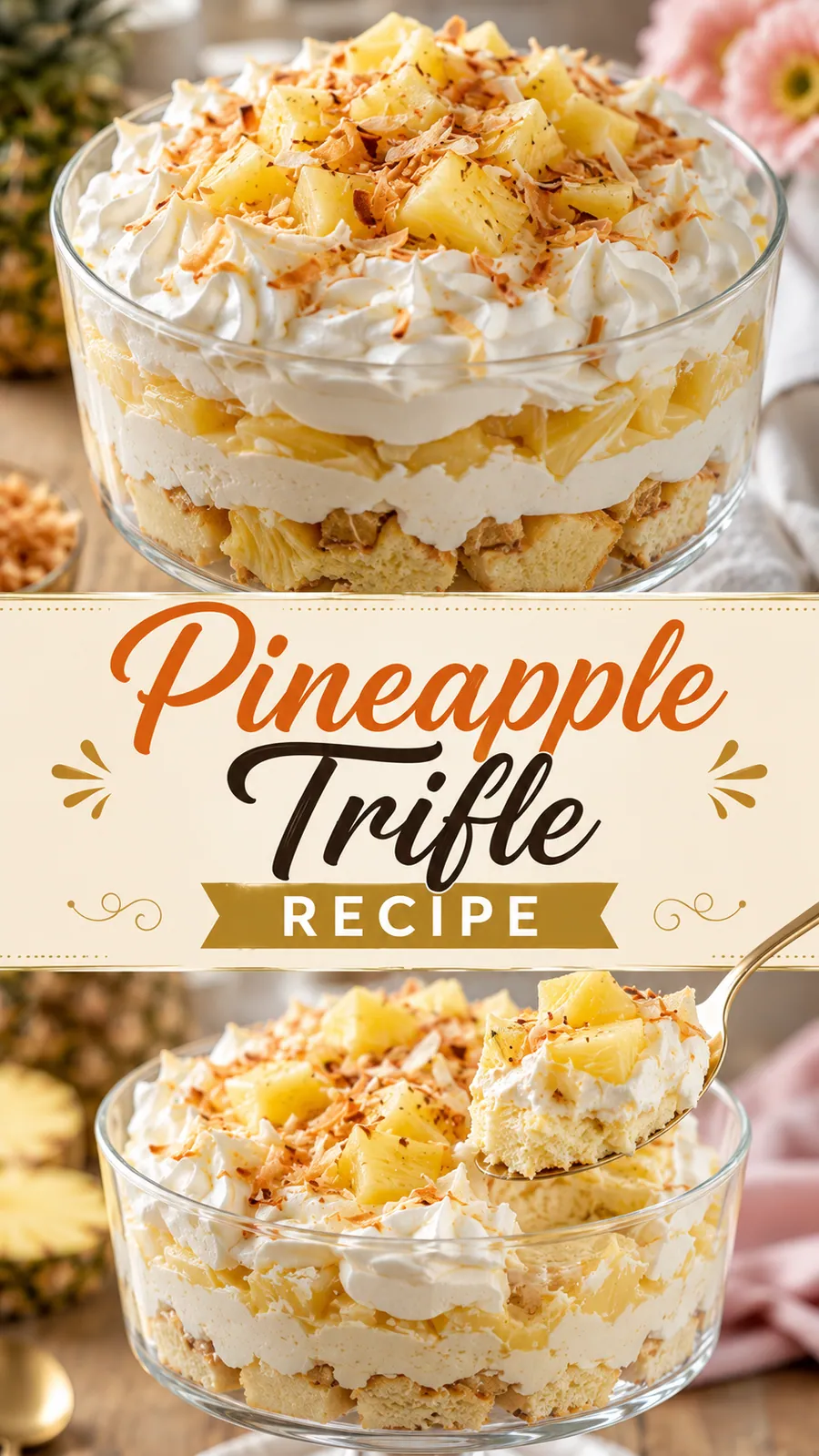 Pinterest image for Pineapple Trifle Recipe, with two photos of the recipe