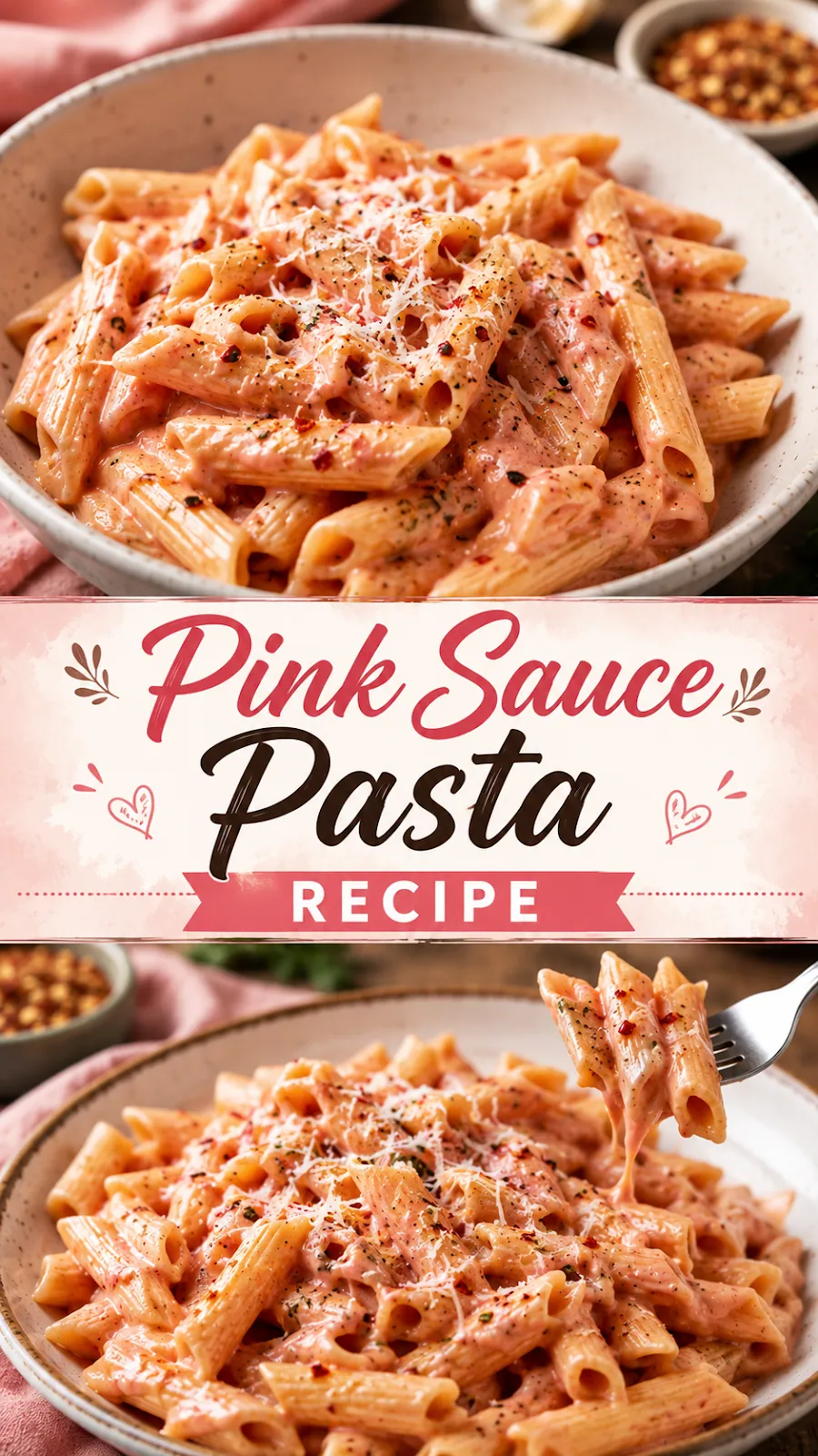 Pinterest image for Pink Sauce Pasta Recipe, with two photos of the recipe