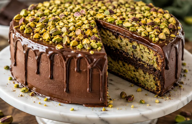 Pistachio Chocolate Cake Recipe, ready to serve