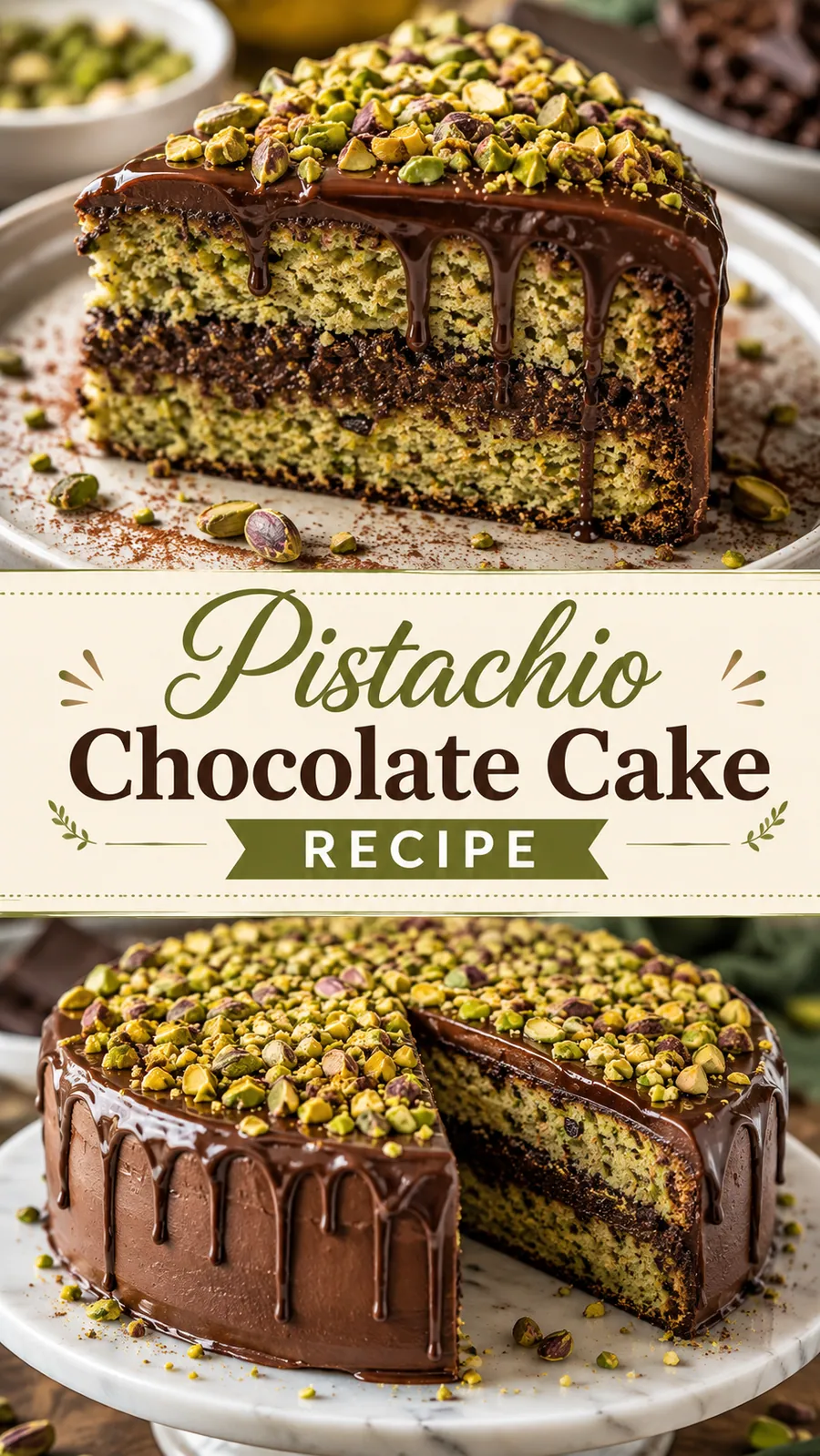 Pinterest image for Pistachio Chocolate Cake Recipe, with two photos of the recipe