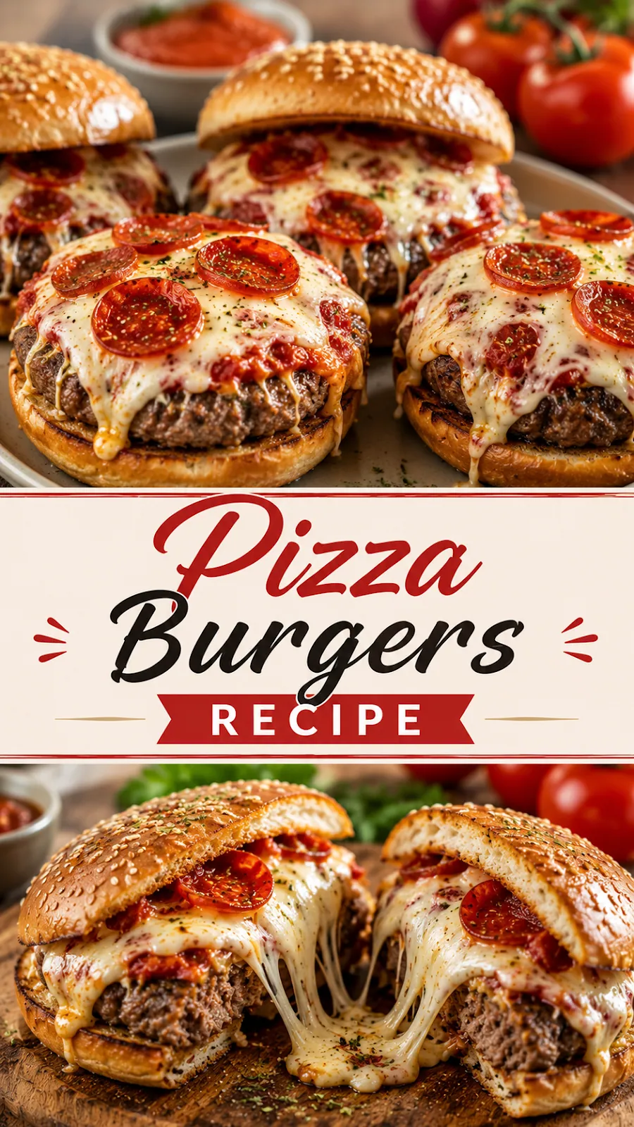 Pinterest image for Pizza Burgers Recipe, with two photos of the recipe