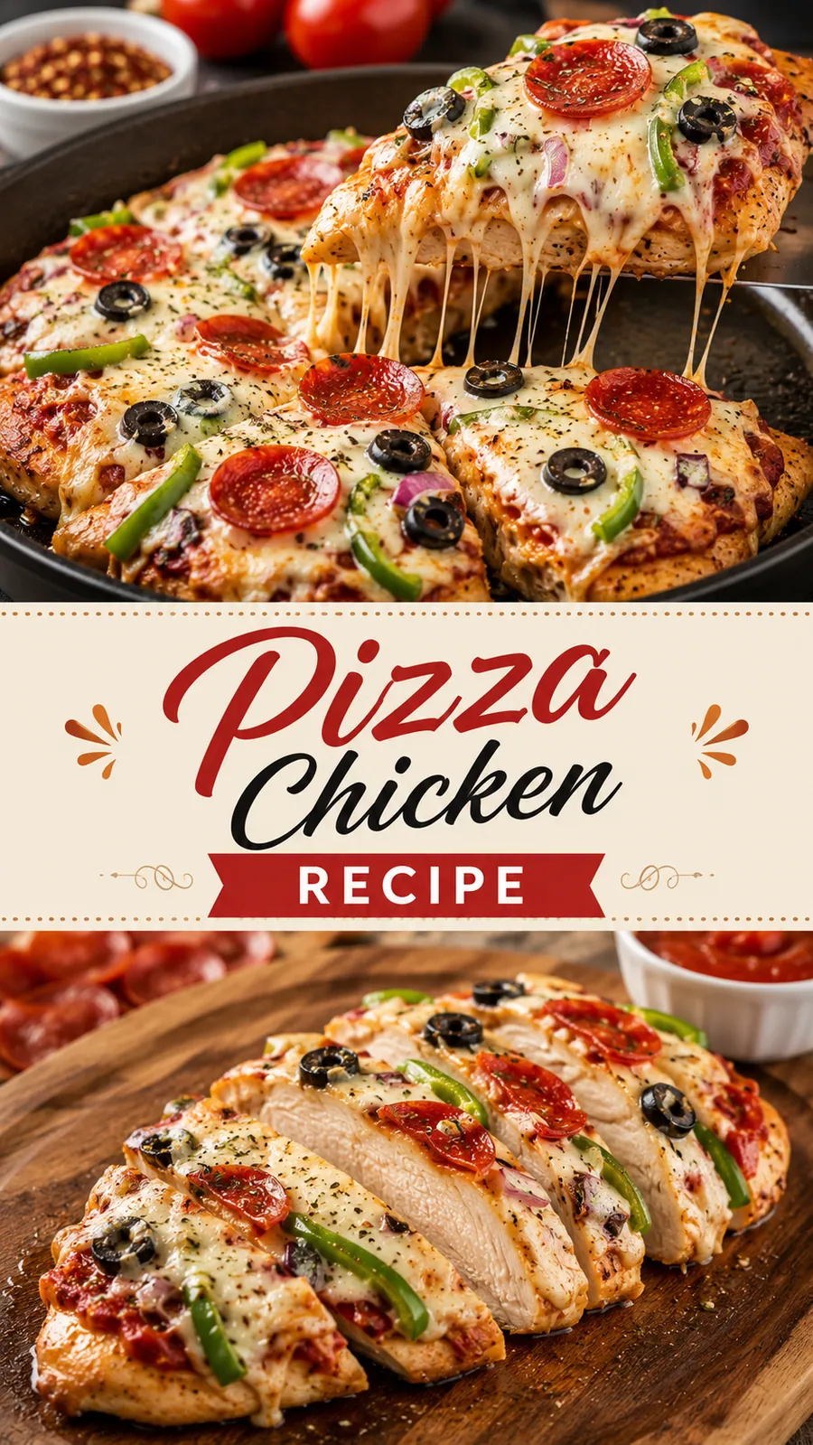 Pinterest image for Pizza Chicken Recipe, with two photos of the recipe