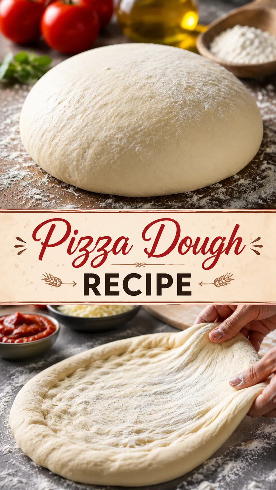 Pinterest image for Pizza Dough Recipe, with two photos of the recipe