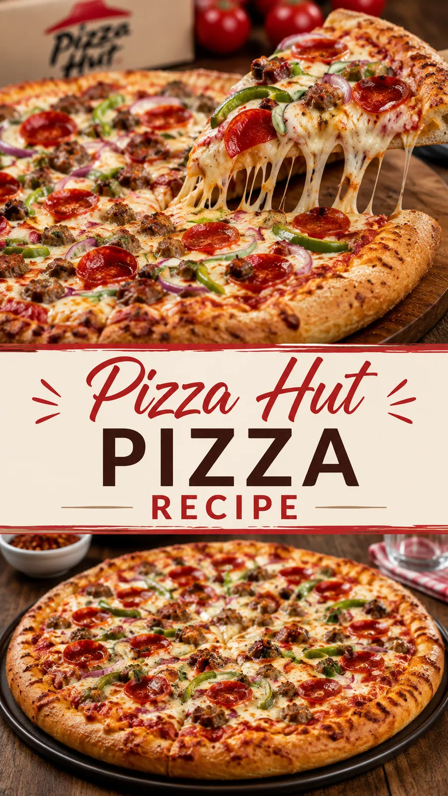 Pinterest image for Pizza Hut Pizza Recipe, with two photos of the recipe