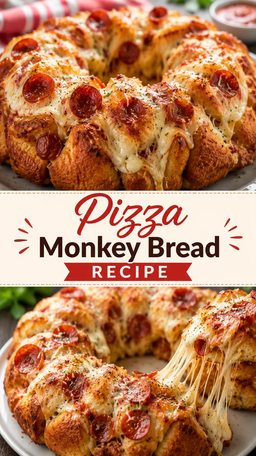 Pinterest image for Pizza Monkey Bread Recipe, with two photos of the recipe
