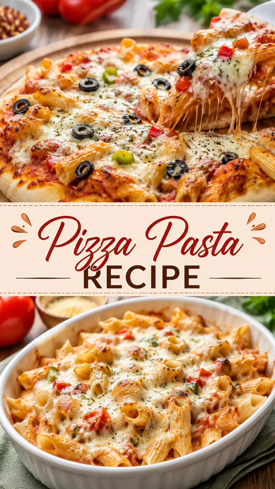Pinterest image for Pizza Pasta Recipe, with two photos of the recipe