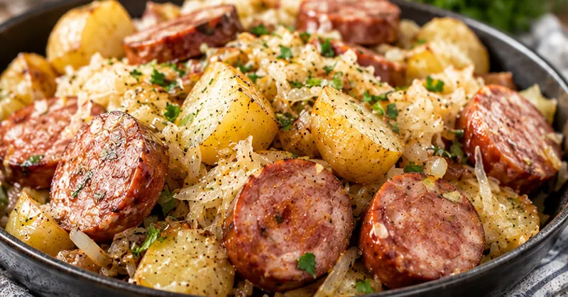 Polish Sausage Sauerkraut and Potatoes Recipe, ready to serve