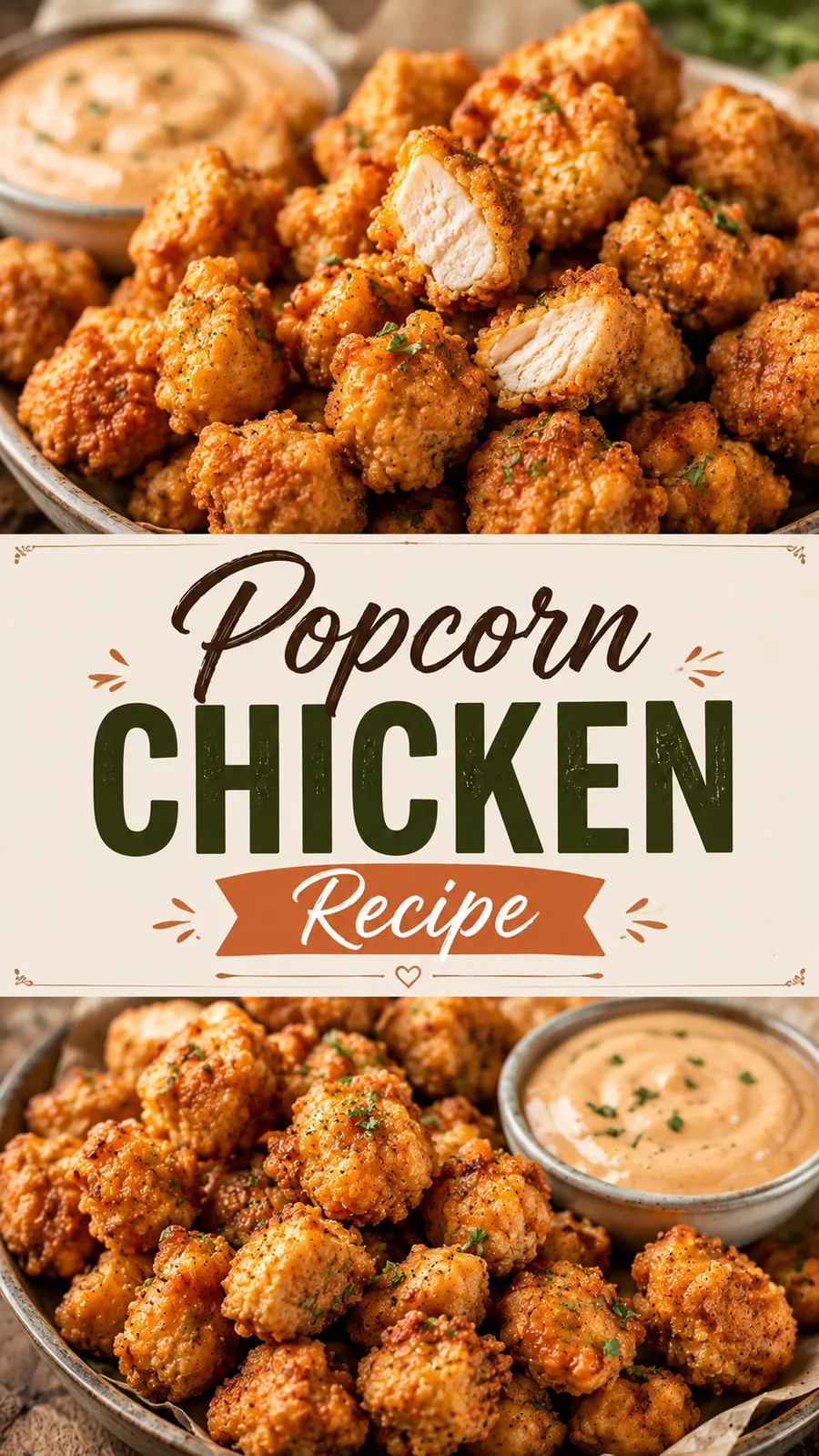 Pinterest image for Popcorn Chicken Recipe, with two photos of the recipe