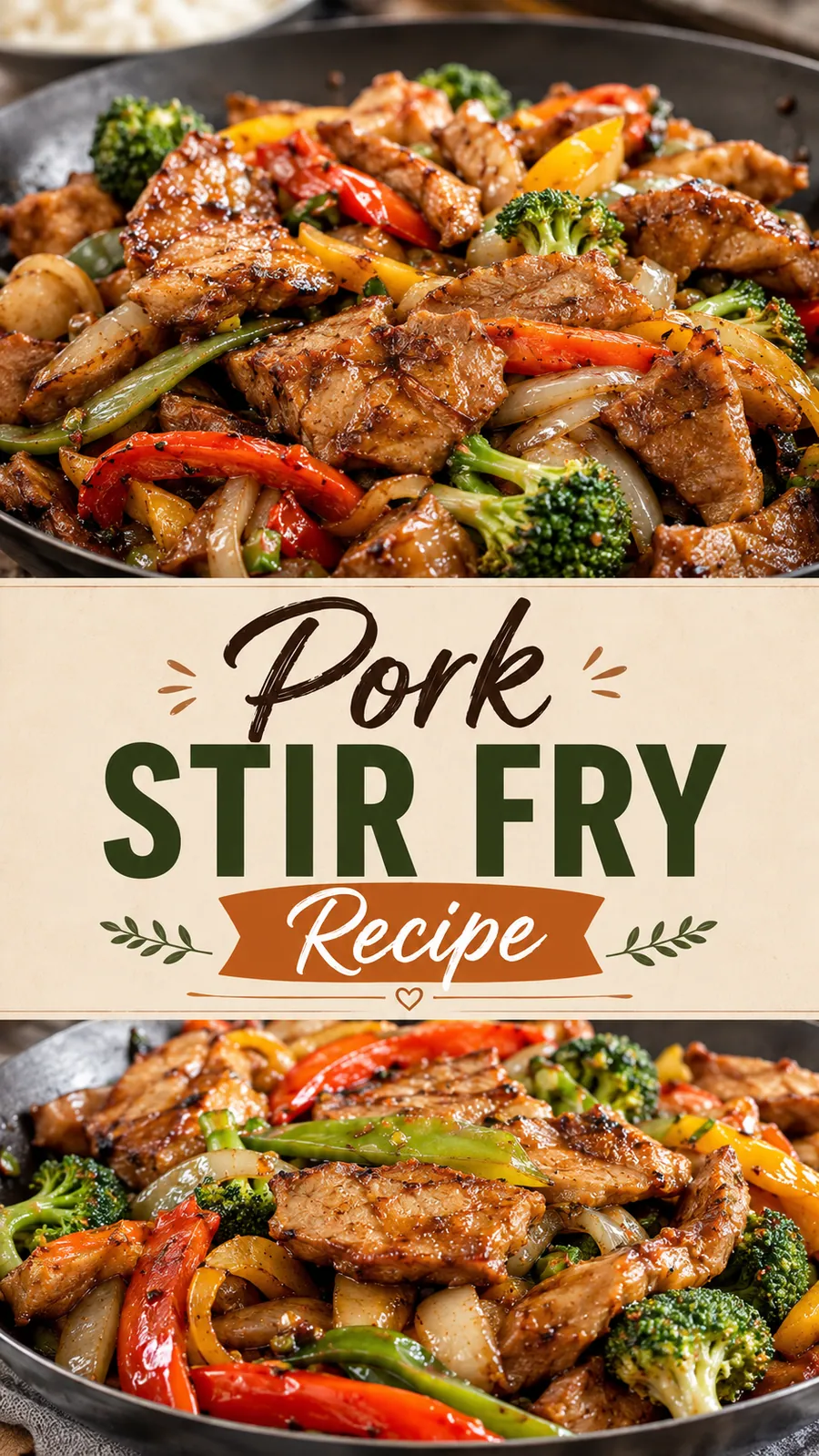 Pinterest image for Pork Stir Fry Recipe, with two photos of the recipe