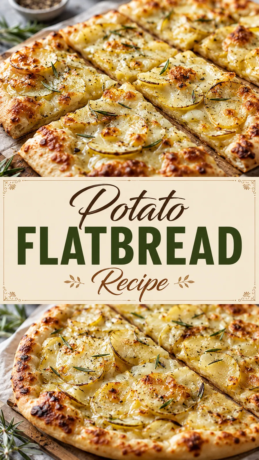 Pinterest image for Potato Flatbread Recipe, with two photos of the recipe
