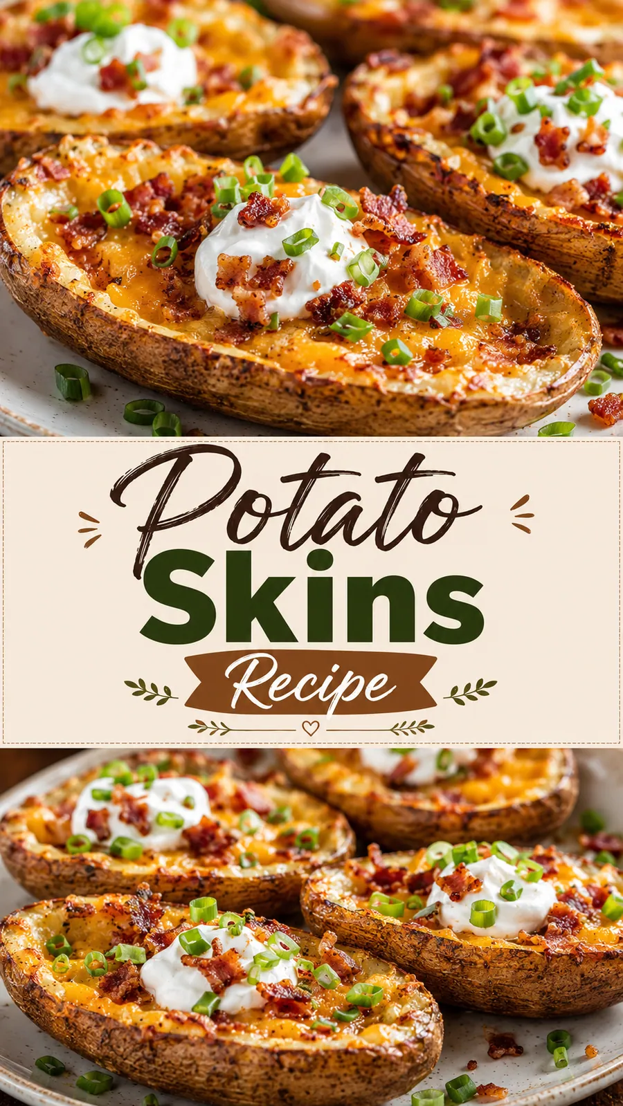 Pinterest image for Potato Skins Recipe, with two photos of the recipe