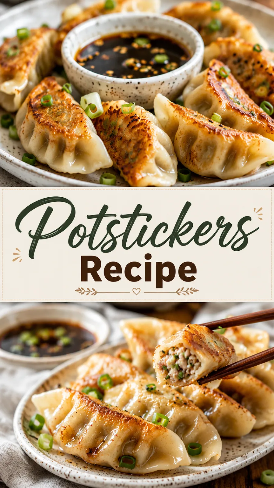Pinterest image for Potstickers Recipe, with two photos of the recipe