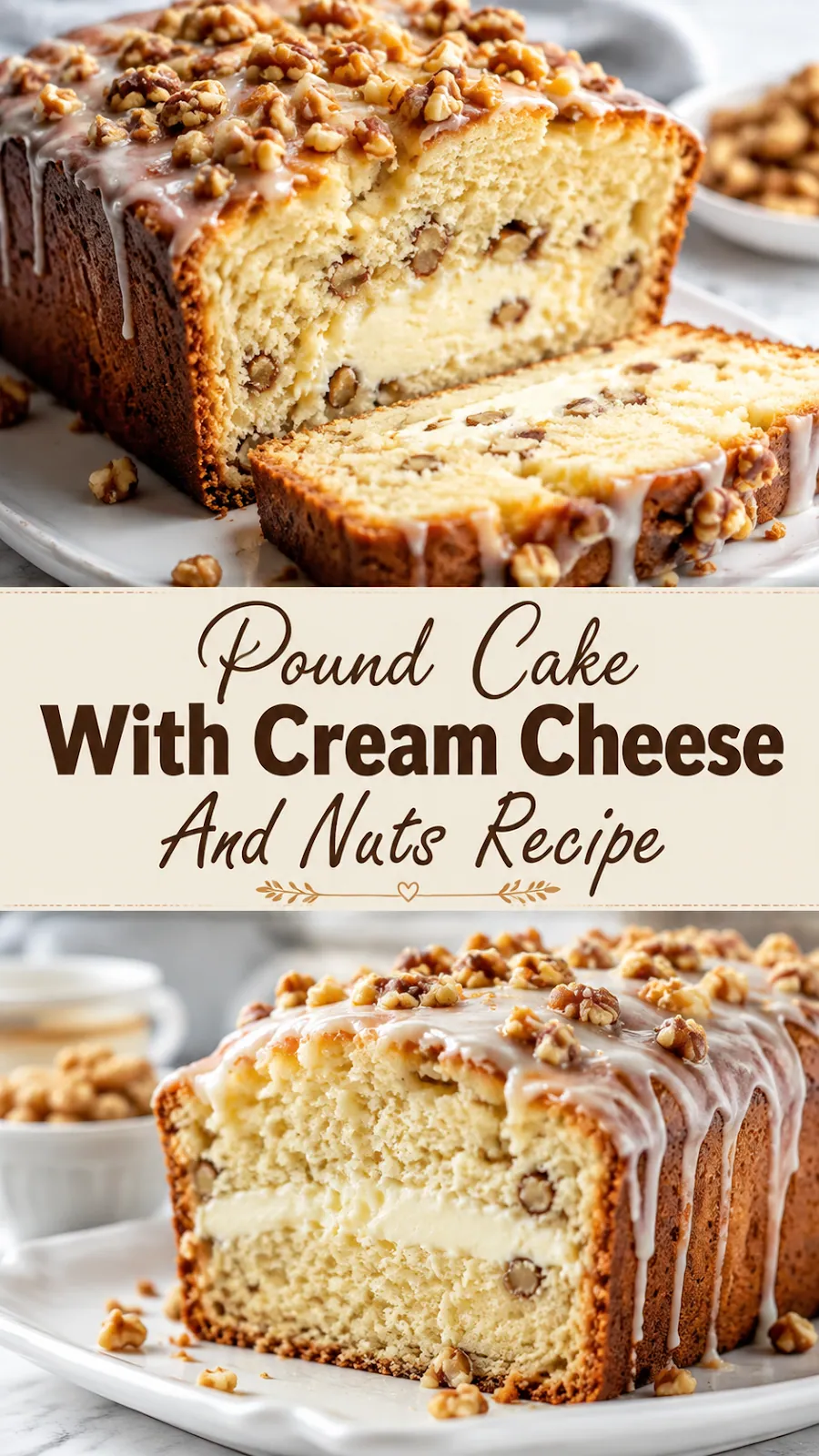 Pinterest image for Pound Cake With Cream Cheese And Nuts Recipe, with two photos of the recipe