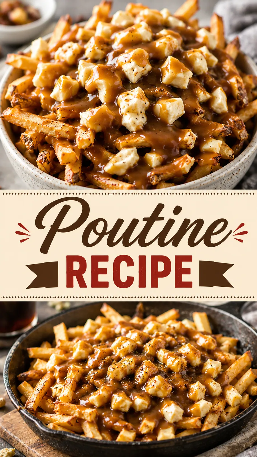 Pinterest image for Poutine Recipe, with two photos of the recipe