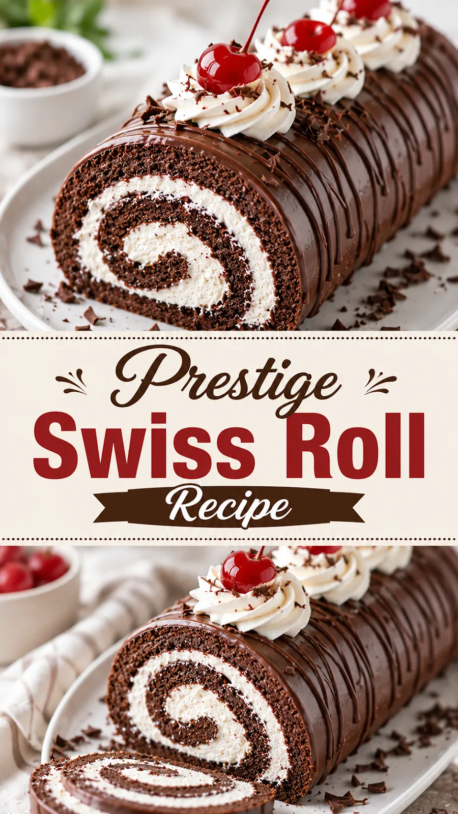 Pinterest image for Prestige Swiss Roll Recipe, with two photos of the recipe