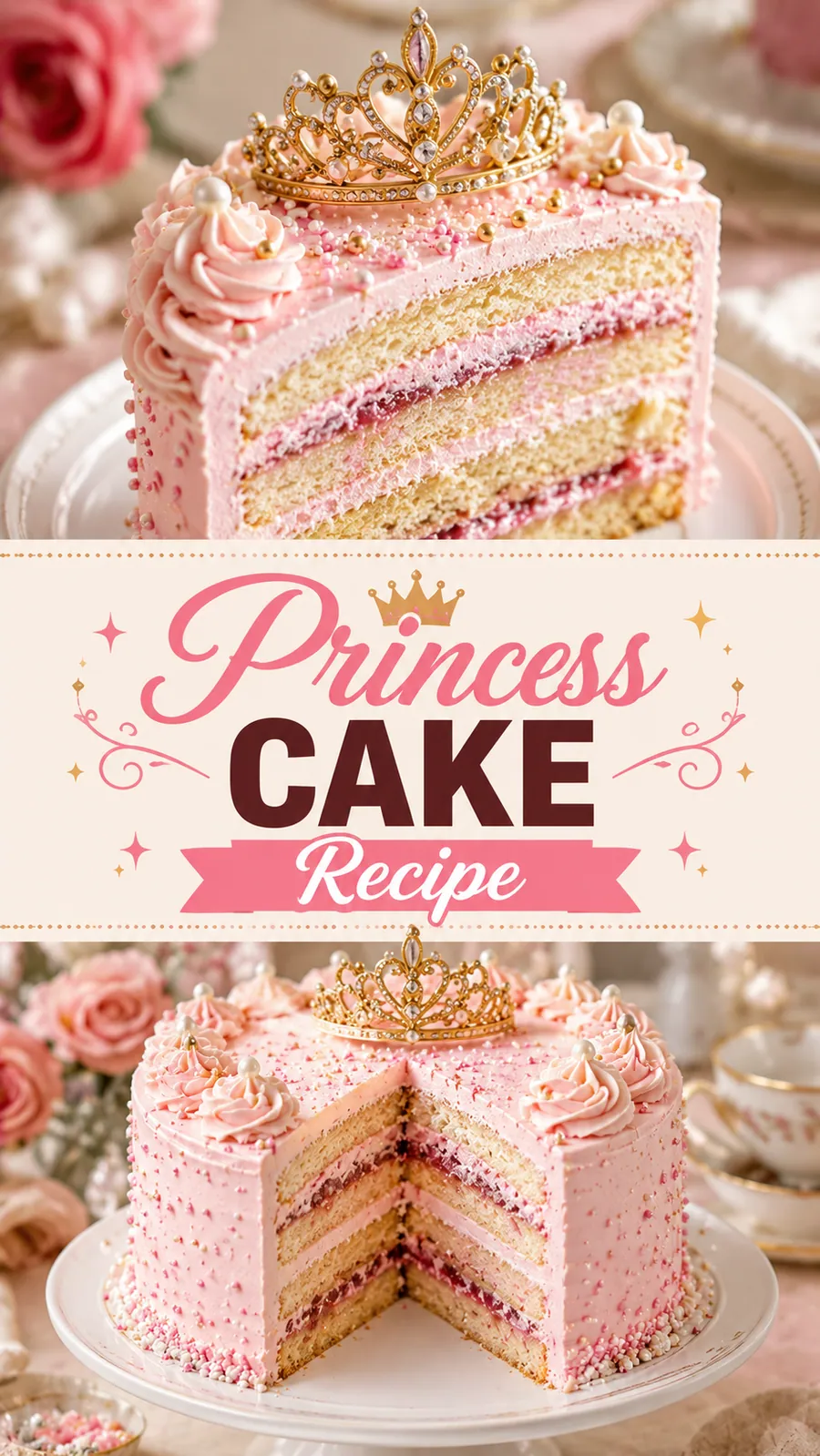 Pinterest image for Princess Cake Recipe, with two photos of the recipe