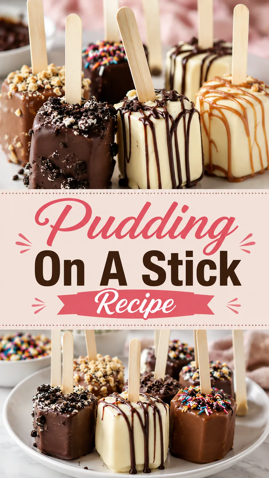 Pinterest image for Pudding On A Stick Recipe, with two photos of the recipe
