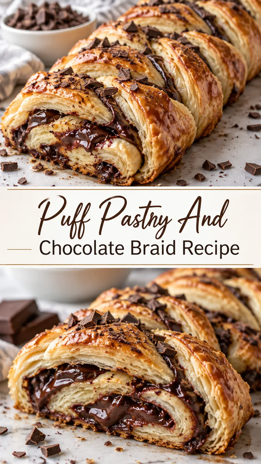 Pinterest image for Puff Pastry And Chocolate Braid Recipe, with two photos of the recipe