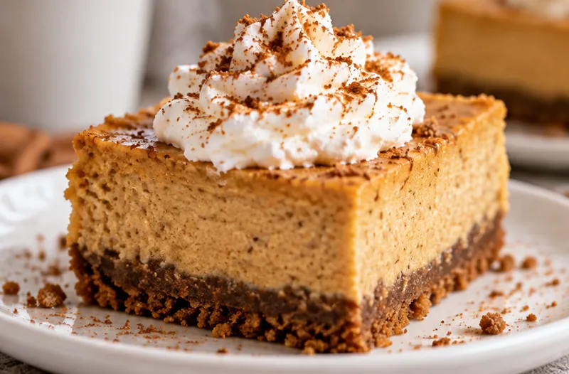 Pumpkin Cheesecake Bars with Gingersnap Crust, ready to serve