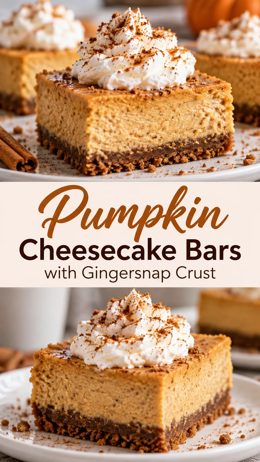 Pinterest image for Pumpkin Cheesecake Bars with Gingersnap Crust, with two photos of the recipe