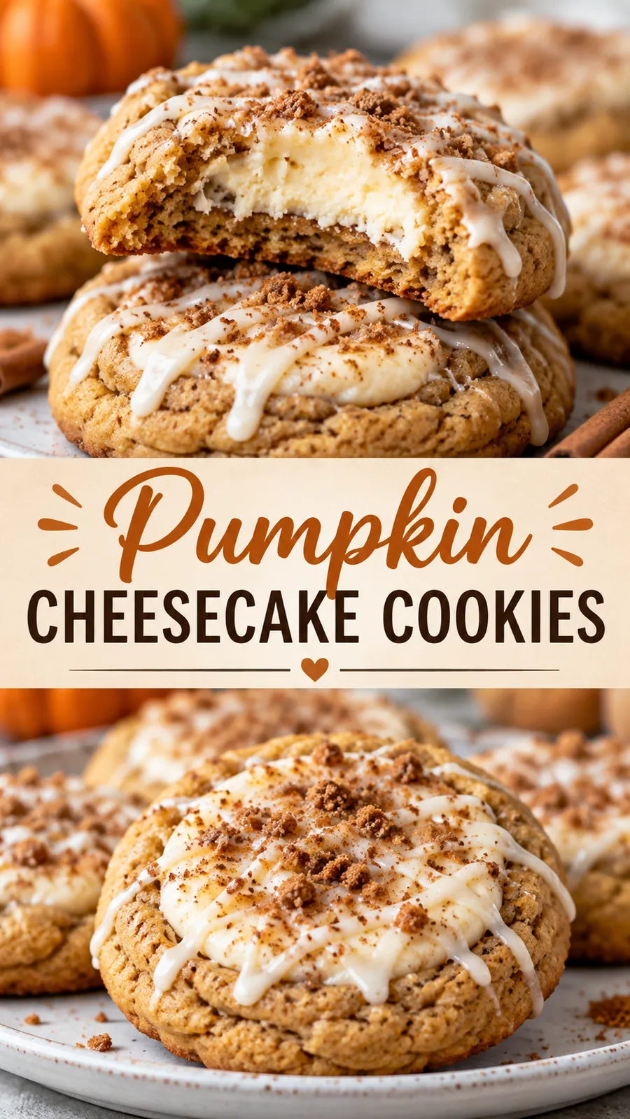 Pinterest image for Pumpkin Cheesecake Cookies, with two photos of the recipe