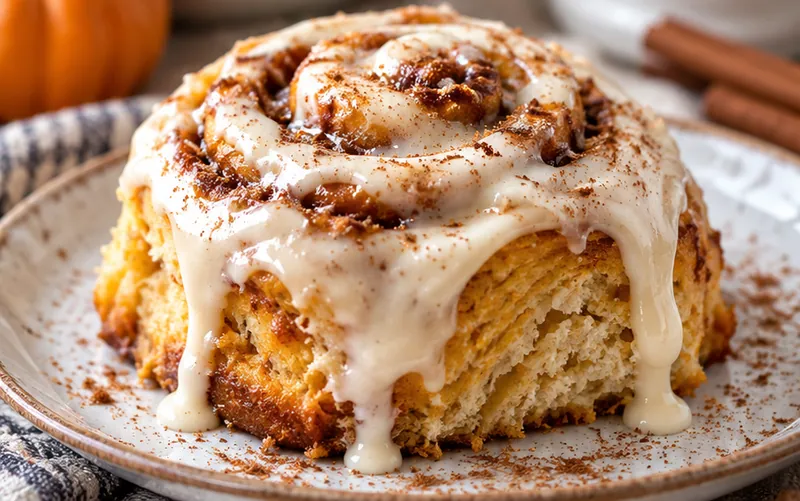 Pumpkin Cinnamon Rolls with Cream Cheese Glaze, ready to serve