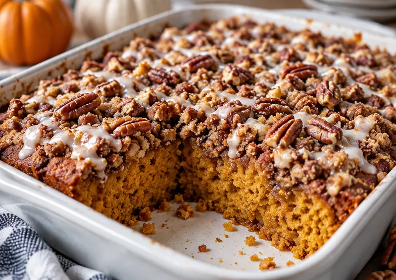 Pumpkin Coffee Cake with Pecan Crumble, ready to serve