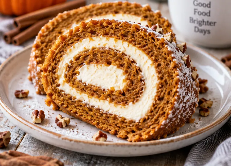Pumpkin Roll Cake with Cream Cheese Filling, ready to serve