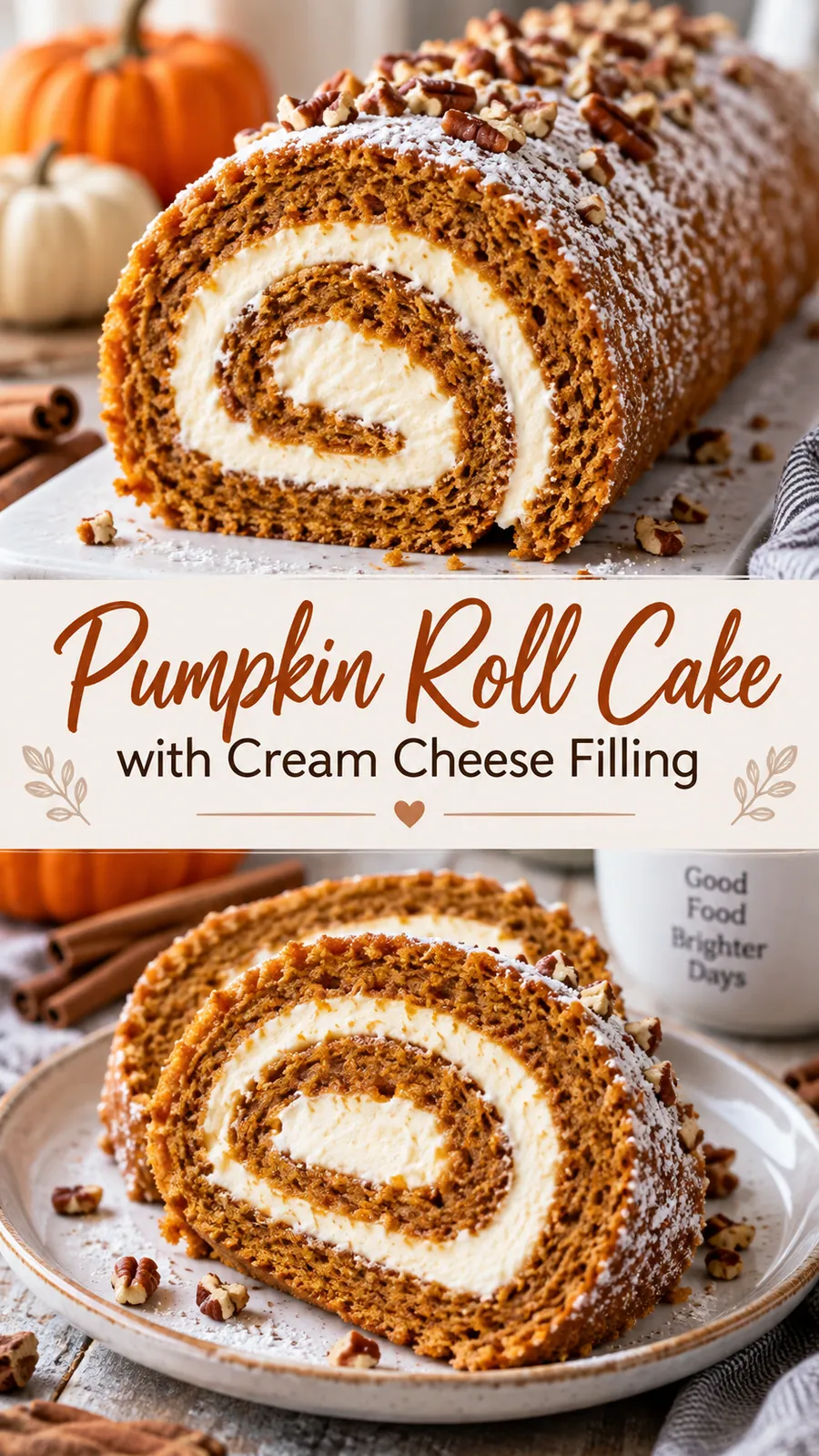 Pinterest image for Pumpkin Roll Cake with Cream Cheese Filling, with two photos of the recipe