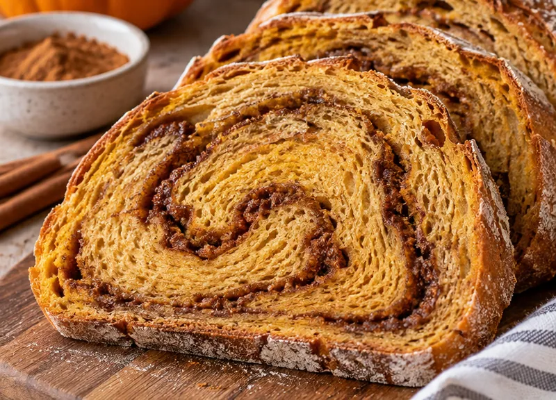 Pumpkin Sourdough Bread with Cinnamon Swirl, ready to serve