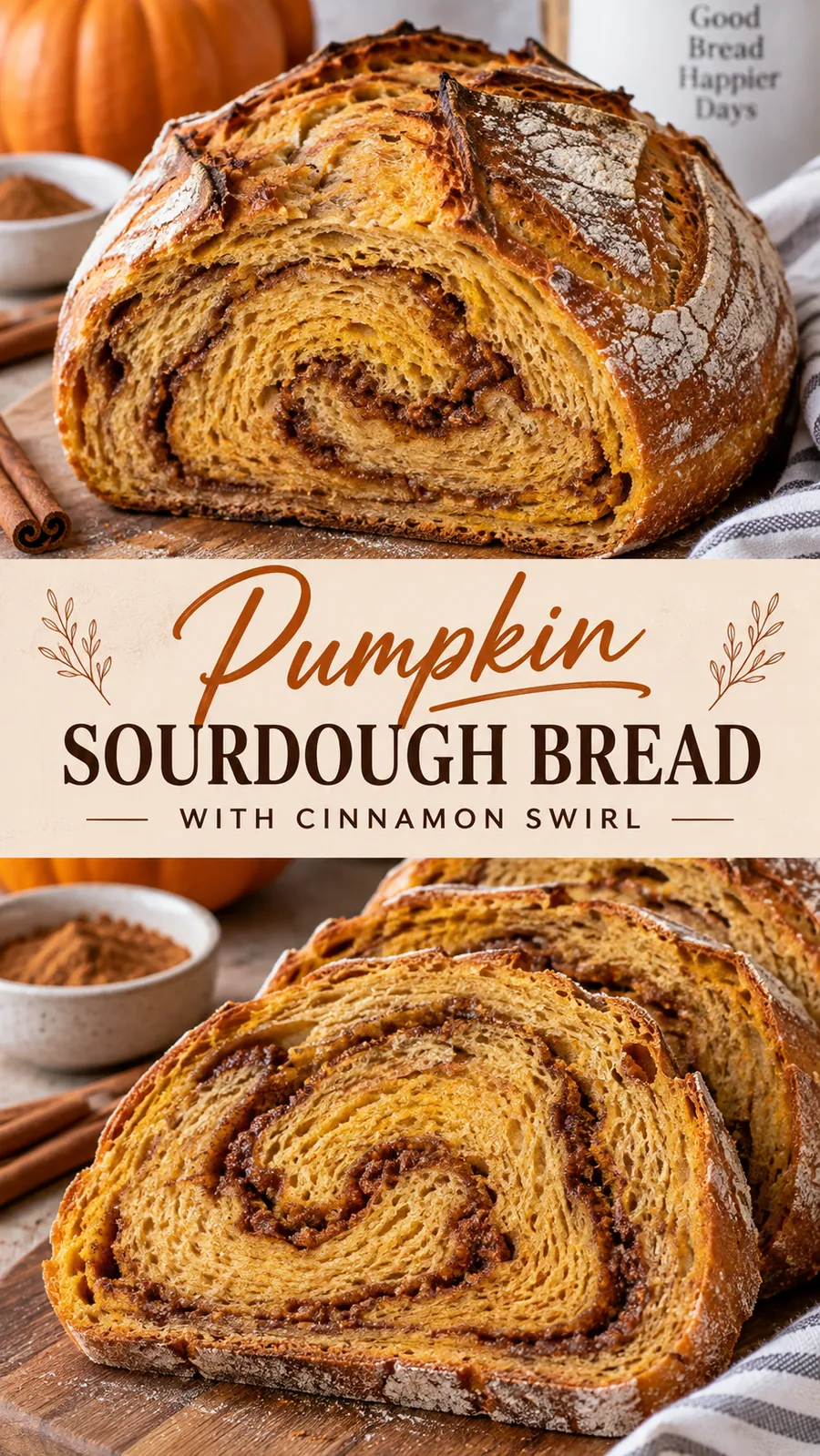 Pinterest image for Pumpkin Sourdough Bread with Cinnamon Swirl, with two photos of the recipe