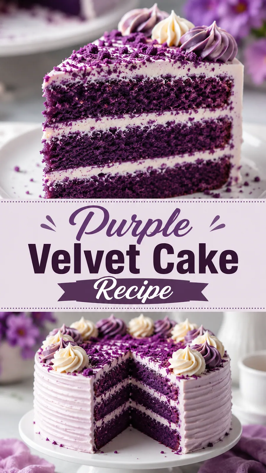 Pinterest image for Purple Velvet Cake Recipe, with two photos of the recipe