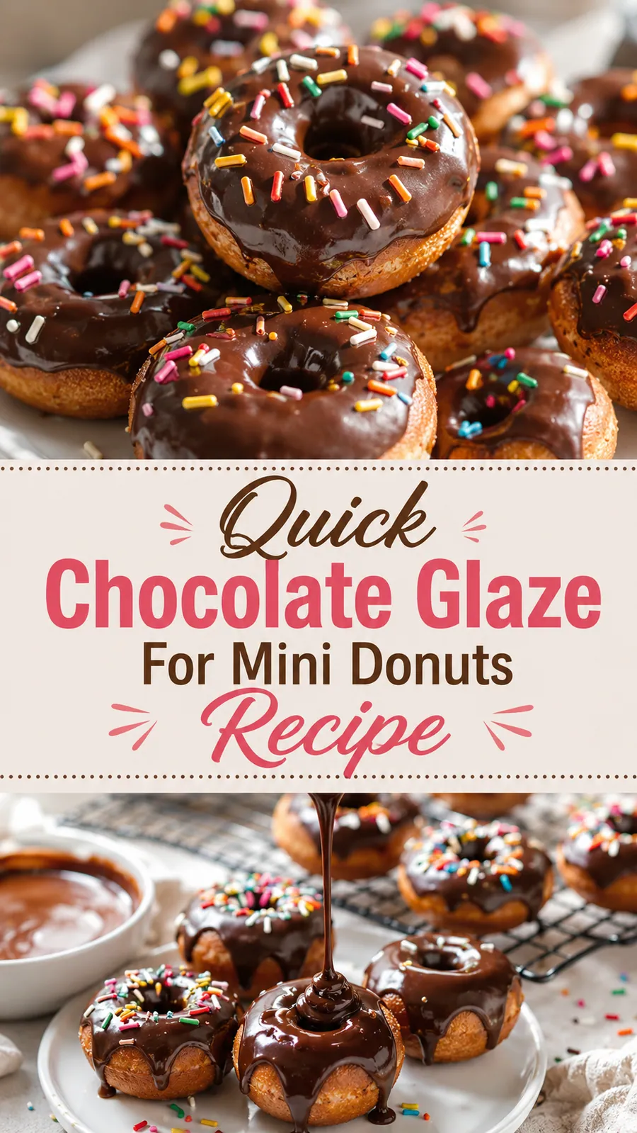 Pinterest image for Quick Chocolate Glaze For Mini Donuts Recipe, with two photos of the recipe