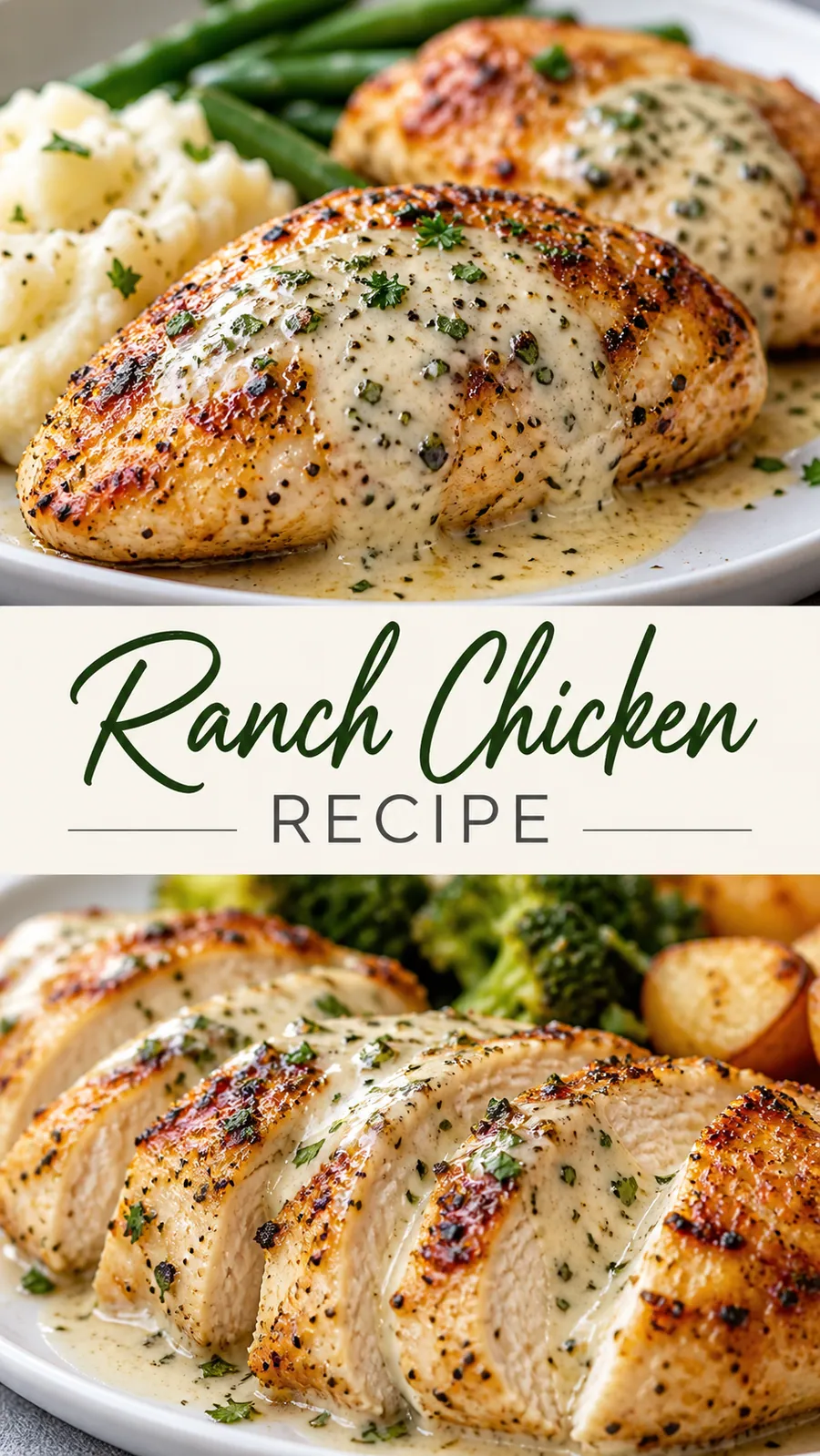 Pinterest image for Ranch Chicken Recipe, with two photos of the recipe