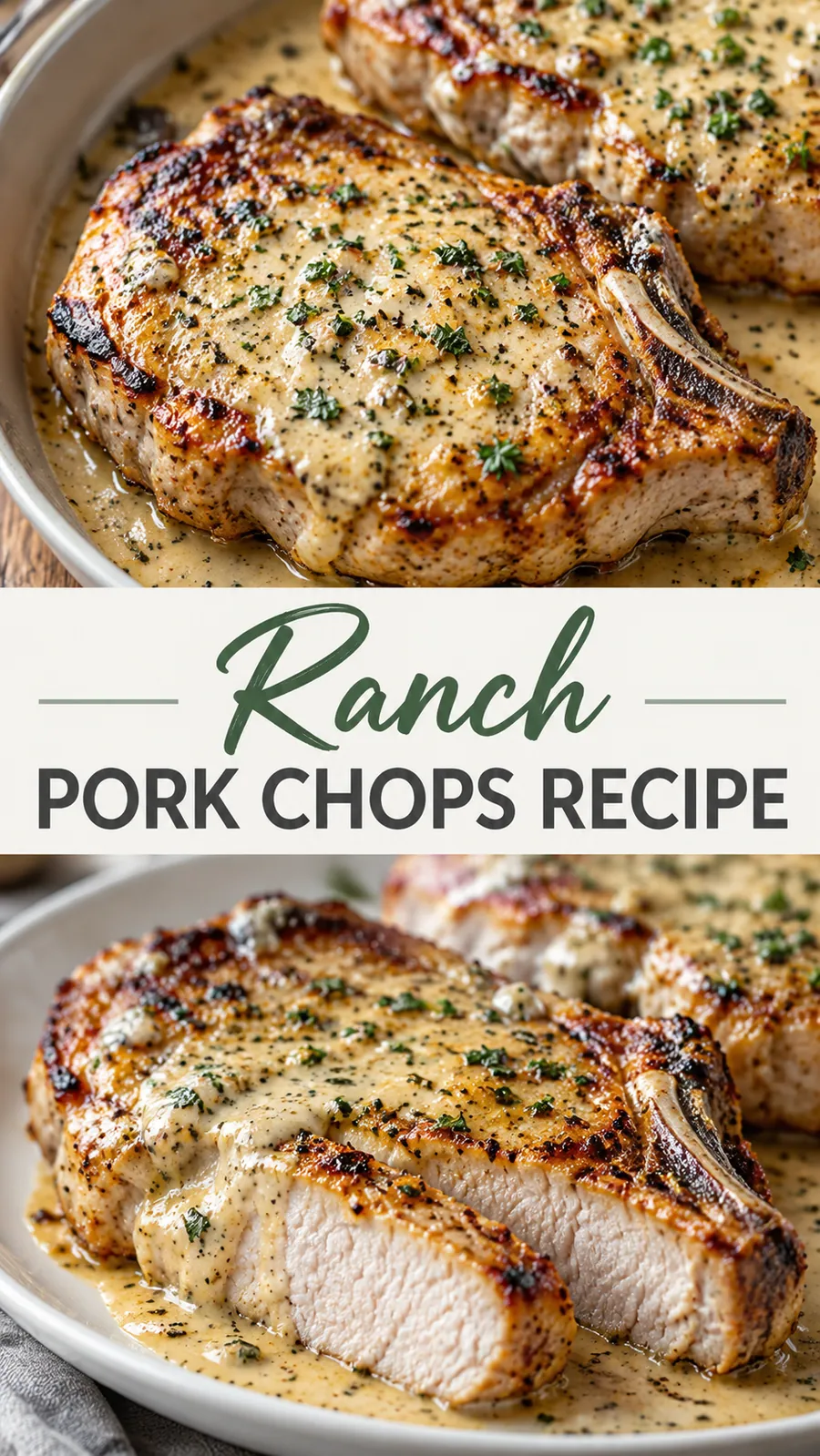 Pinterest image for Ranch Pork Chops Recipe, with two photos of the recipe